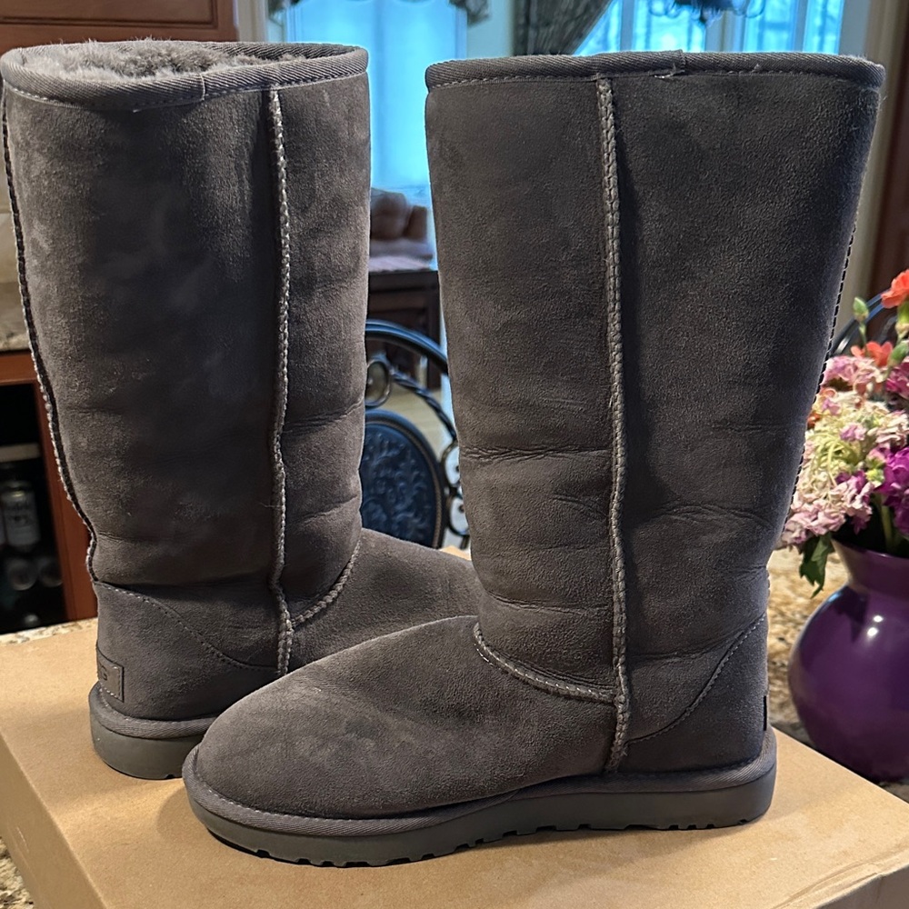 UGGS. Gray Suede Mid-Calf Boots